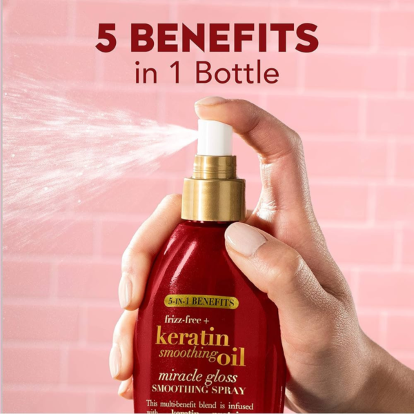 OGX Frizz-Free + Keratin Smoothing Oil Miracle 5 in 1 Gloss Spray 200ml - Image 2